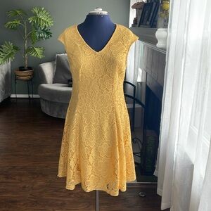 Floral Lace Cap Sleeve A-Line Yellow Dress